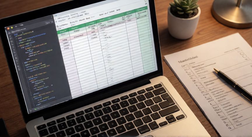 como eliminar en excel repetidos, Hoja de cálculo limpiada de duplicados con editor VBA abierto en segundo plano sobre escritorio de oficina