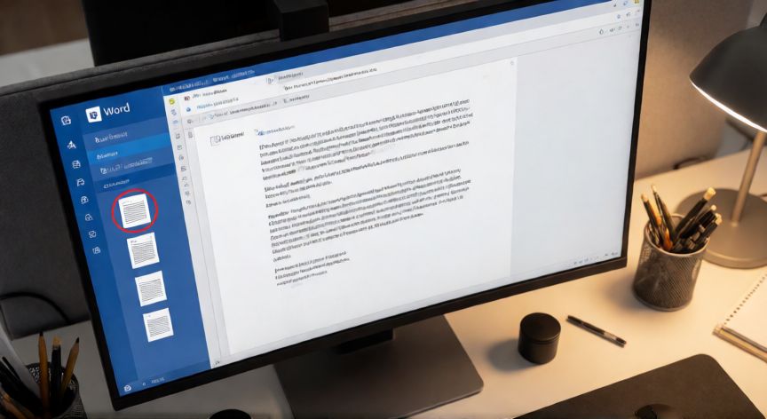 como eliminar en word paginas, Panel de navegación de Word mostrando miniaturas de páginas para seleccionar y eliminar