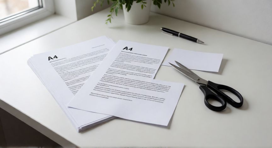 como eliminar una hoja en word 2016, Documento impreso con una página eliminada y tijeras sobre el escritorio