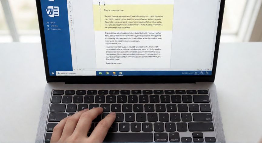 cómo eliminar una hoja en word con el teclado, Teclado de portátil con Word abierto mostrando el cursor antes de un salto de página