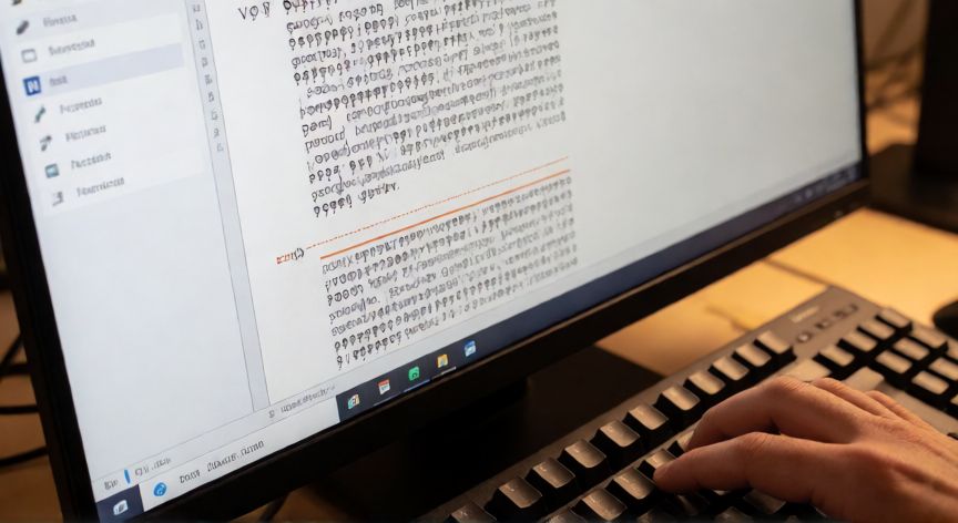 cómo eliminar una hoja en word con el teclado, Pantalla de Word en modo marcas de párrafo mostrando un salto de página seleccionado junto al teclado