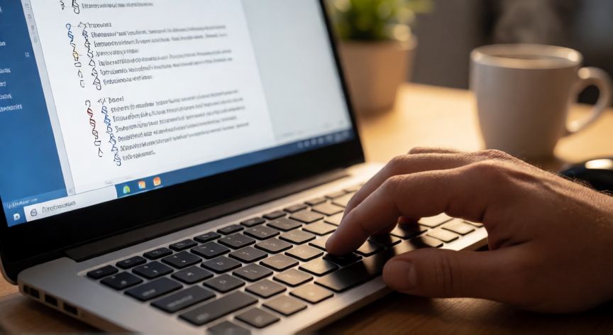 como eliminar una pagina en word blanco, Manos presionando Supr en el teclado con Word abierto mostrando marcas de formato