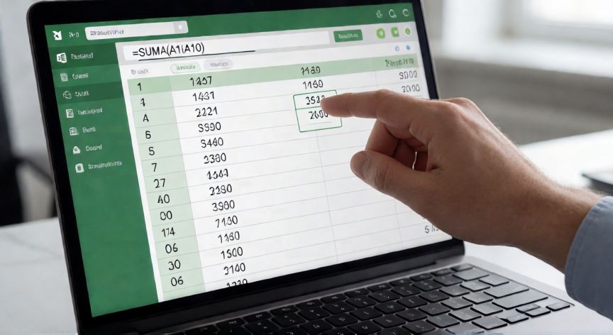 como en excel sumar, Pantalla de Excel mostrando la fórmula =SUMA(A1:A10) en la barra de fórmulas con una columna de números