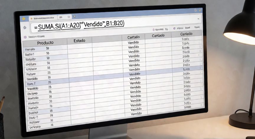 como en excel sumar, Hoja de cálculo con la función SUMA.SI aplicada a una tabla de ventas con columna de estado y cantidad
