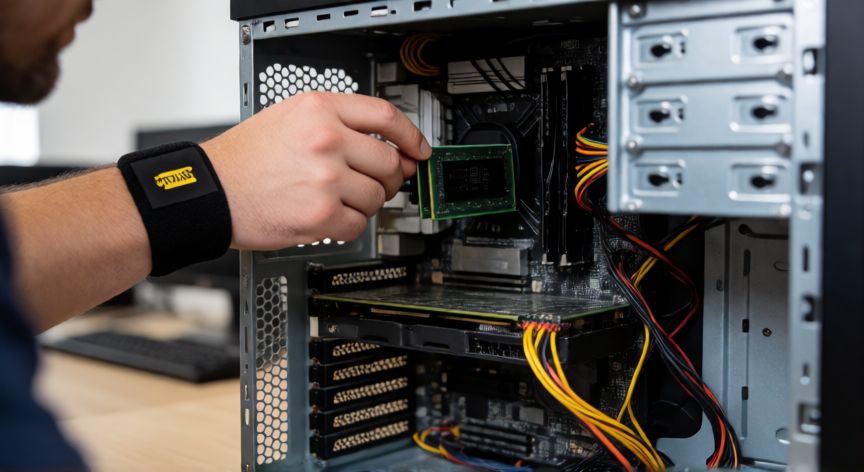 como encender un ordenador que no enciende, Tecnico revisando la memoria RAM y cables internos del PC