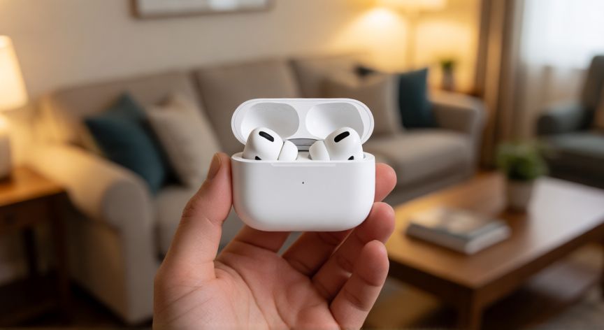 como encontrar 1 airpod perdido, Estuche de AirPods abierto con un auricular faltante sobre una mesa de salón