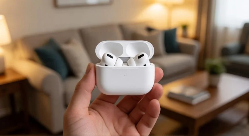 Estuche de AirPods abierto con un auricular faltante sobre una mesa de salón
