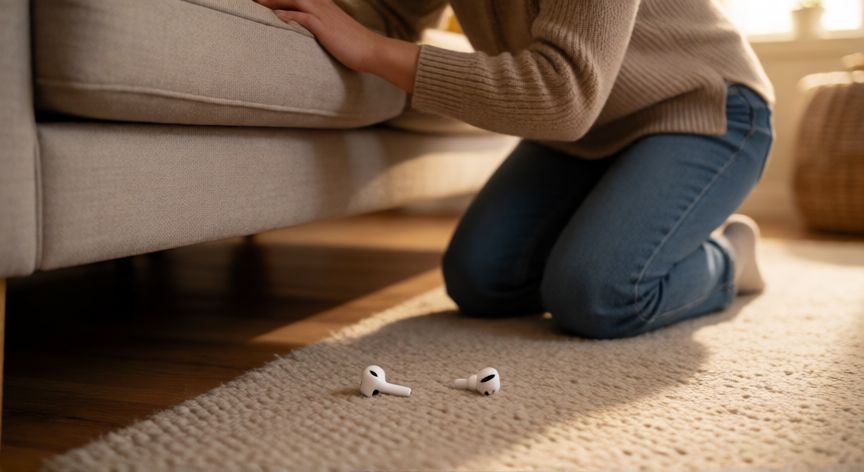 como encontrar 1 solo airpod, Persona buscando un AirPod perdido bajo el cojín del sofá en el salón