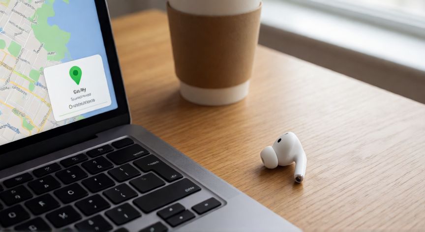como encontrar 1 solo airpod, Un solo AirPod sobre un escritorio junto a una laptop con la app Buscar abierta