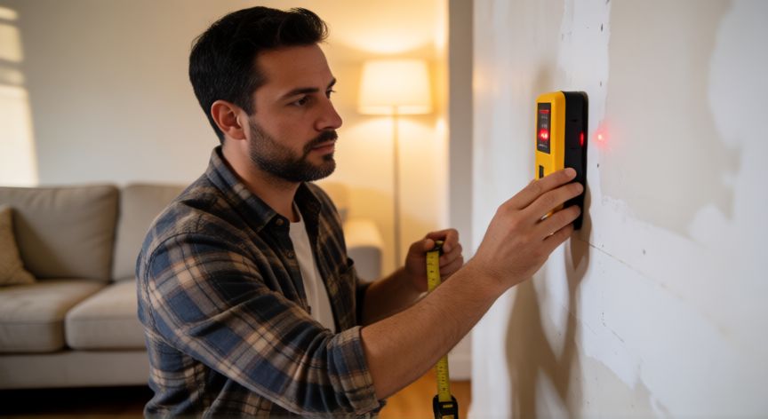 como encontrar 2x4 en la pared, Hombre usando un detector de madera para localizar listones de 2x4 en una pared de yeso