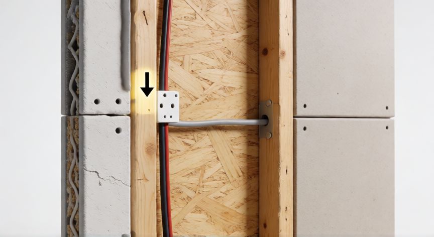 como encontrar 2x4 en la pared, Vista en corte de una pared mostrando los listones de madera 2x4 en su interior entre paneles de yeso