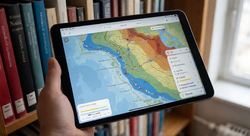 como encontrar 3i atlas, Mano sosteniendo una tableta con un atlas digital interactivo en una biblioteca técnica