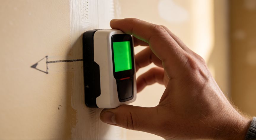 como encontrar 4x4 en la pared, Persona usando un localizador electrónico de maderos sobre una pared de yeso para detectar la traba de madera
