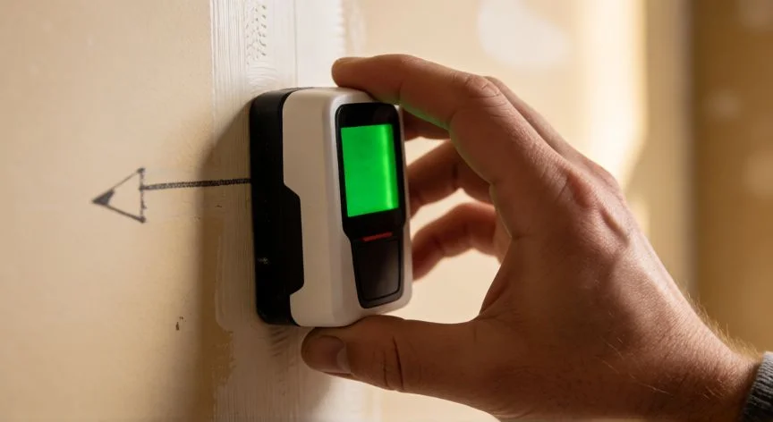 Persona usando un localizador electrónico de maderos sobre una pared de yeso para detectar la traba de madera