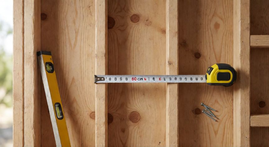 como encontrar 4x4 en la pared, Estructura de muros con trabas de madera 4x4 visibles y cinta métrica midiendo la separación de 60 cm