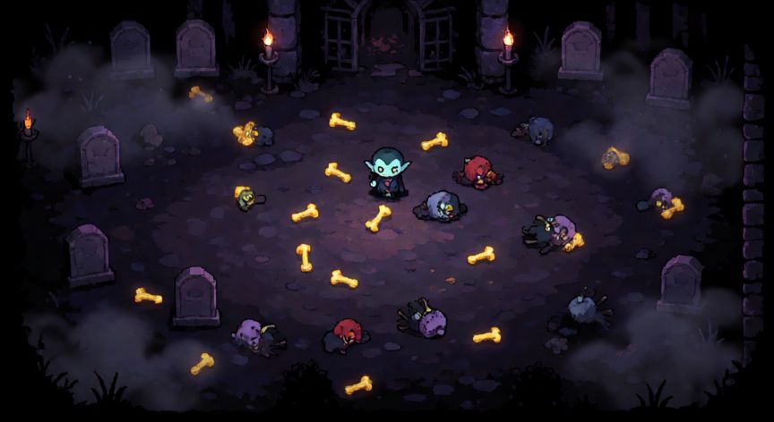 como encontrar 5 dedos dorados vampire survivors, Dedos dorados brillando en el suelo de un nivel de Vampire Survivors