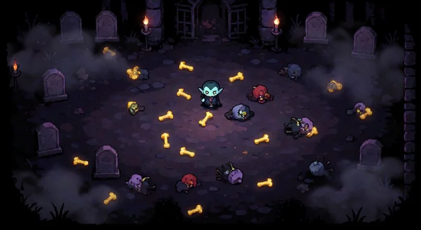 Dedos dorados brillando en el suelo de un nivel de Vampire Survivors
