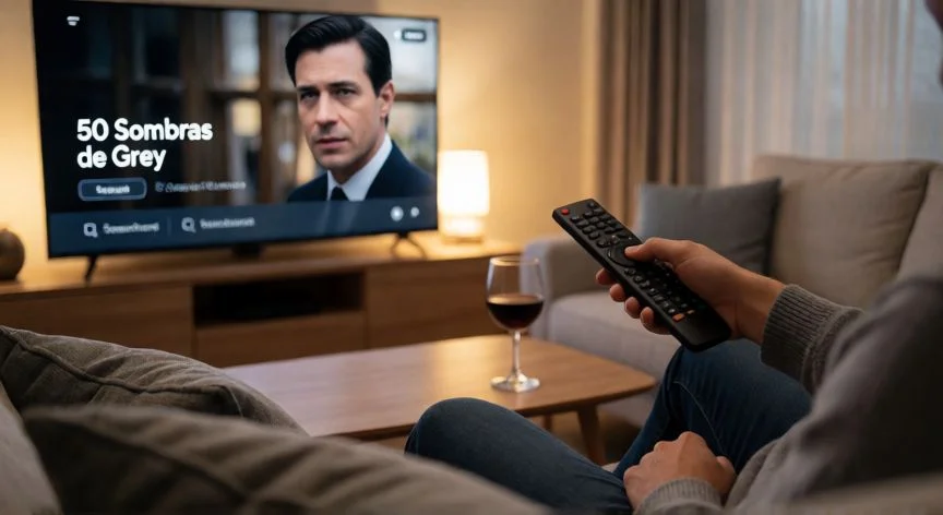 Persona buscando Cincuenta Sombras de Grey en la pantalla de Netflix desde el sofá