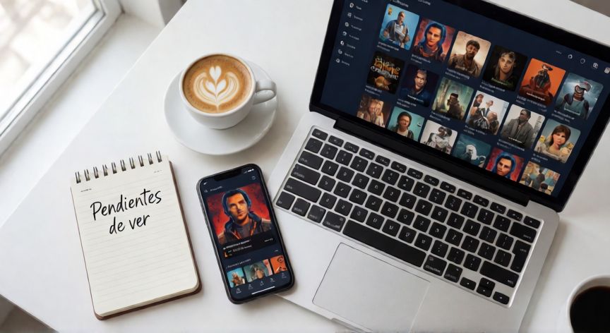como encontrar 50 sombras de grey en netflix, Mesa con portátil mostrando catálogo de streaming y móvil con app de seguimiento de películas