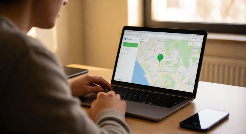 como encontrar 7n celular perdido, Persona buscando su celular perdido en una pantalla de localización GPS desde la laptop