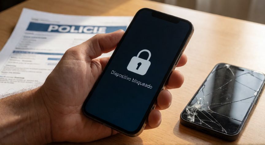 como encontrar 7n celular perdido, Mano bloqueando un celular con mensaje de dispositivo bloqueado junto a un documento de denuncia policial