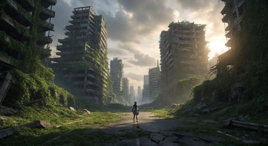 como encontrar a 9s nier automata, Paisaje postapocalíptico del mundo de NieR: Automata con vegetación invadiendo edificios