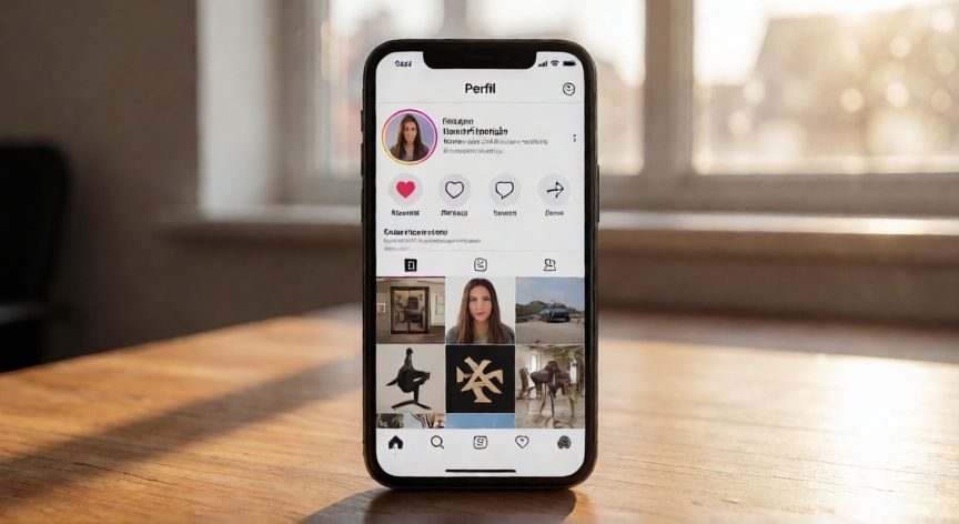 como encontrar a alguien en instagram, Teléfono mostrando un perfil de redes sociales sobre una mesa