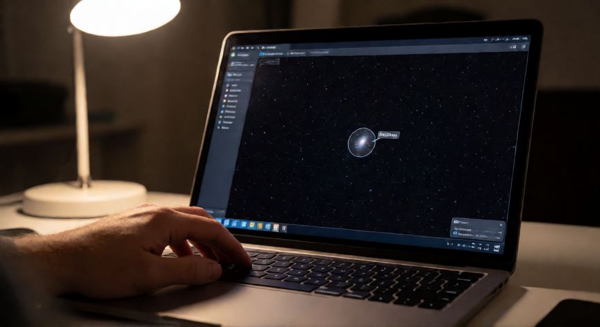como encontrar a ton 618 en stellarium, Pantalla de Stellarium mostrando la búsqueda de un objeto profundo con la interfaz de planetario visible