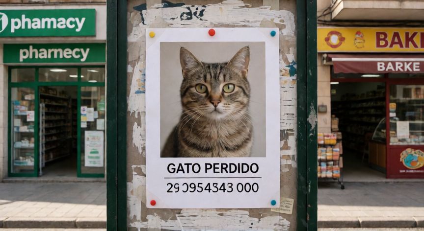 como encontrar a un gato perdido, Cartel de gato perdido con foto y contacto en un tablón comunitario