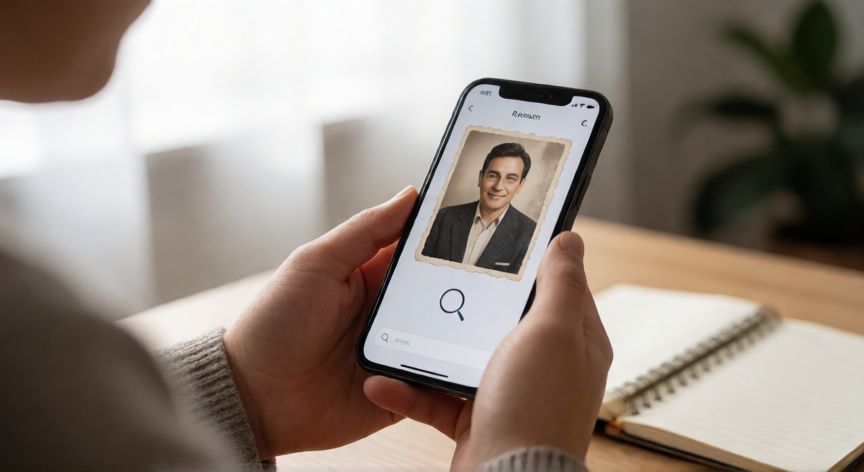 como encontrar a una persona con una foto, Persona buscando una foto en el teléfono móvil