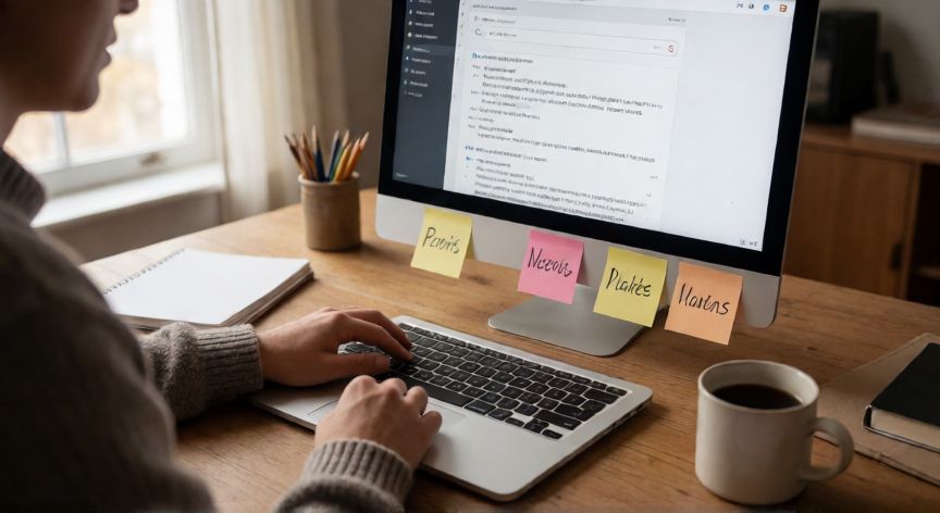 como encontrar a una persona solo con su nombre, Persona buscando en un portátil con notas adhesivas de nombres pegadas en la pantalla