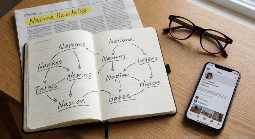 como encontrar a una persona solo con su nombre, Cuaderno con nombres escritos y flechas conectándolos junto a un recorte de periódico y un móvil con un perfil de redes sociales