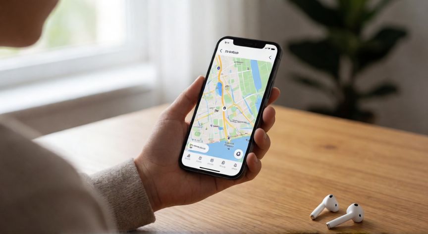 como encontrar airpods, Persona usando un iPhone para localizar AirPods perdidos en una mesa de madera