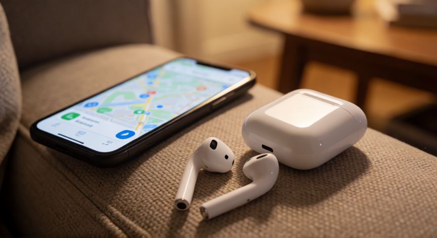 como encontrar airpods, AirPods y estuche de carga sobre un cojín de sofá mientras se busca su ubicación