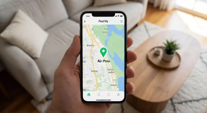Persona usando la app Buscar en iPhone para localizar AirPods 4 en un mapa