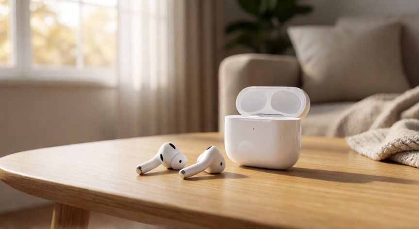 como encontrar airpods 4, AirPods 4 con su estuche de carga sobre una mesa de centro en un salón