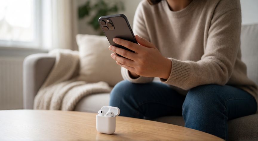 como encontrar airpods 4 perdidos, Persona buscando sus AirPods 4 perdidos en el salón con el iPhone en la mano y el estuche abierto sobre la mesa