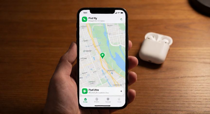como encontrar airpods 4 perdidos, Pantalla del iPhone mostrando la app Buscar con la ubicación de los AirPods 4 perdidos sobre un escritorio de madera