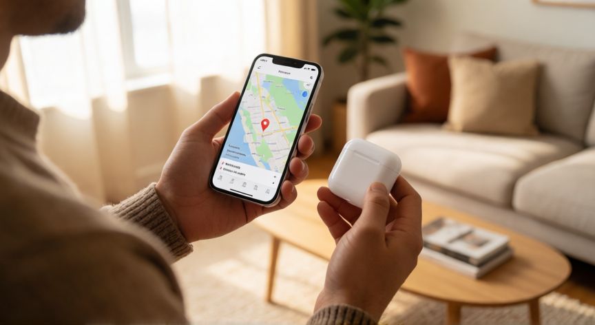 como encontrar airpods perdidos, Persona buscando AirPods con un iPhone en una sala de estar moderna