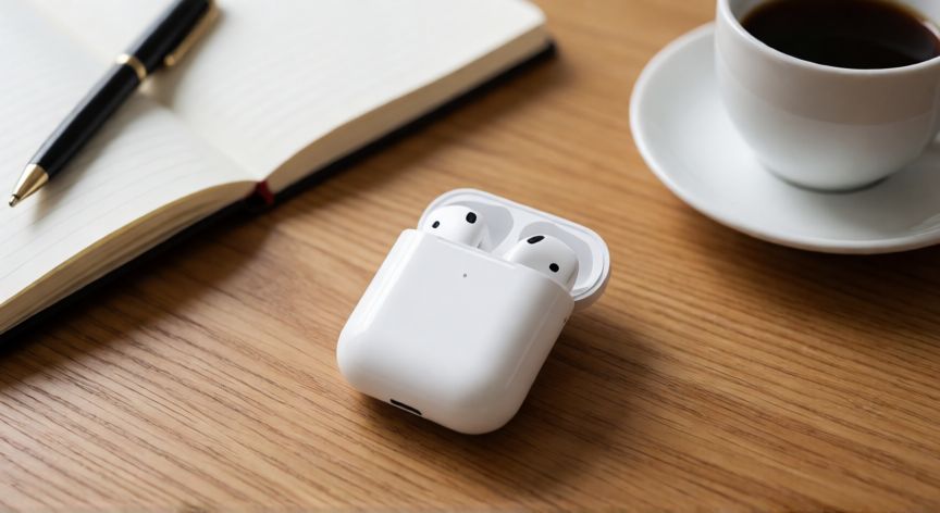 como encontrar airpods perdidos, Estuche de AirPods abierto sobre un escritorio con un auricular ausente