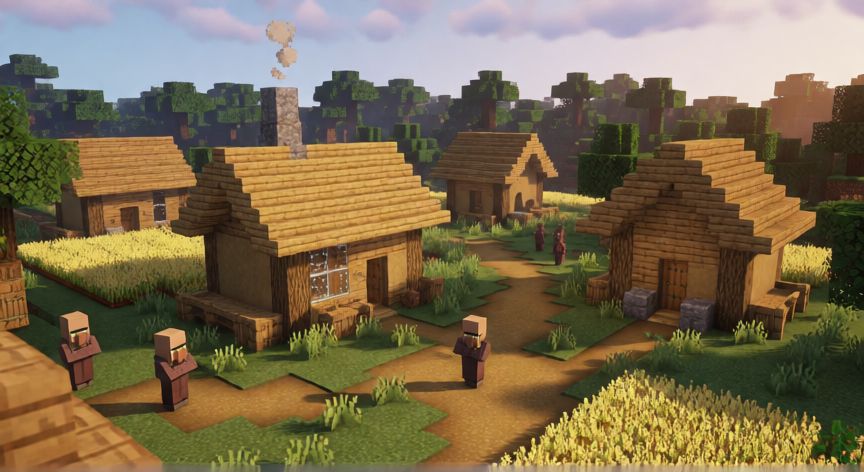 como encontrar aldeas en minecraft, Aldea de Minecraft con casas de madera, caminos de tierra y villanos cerca de un bosque