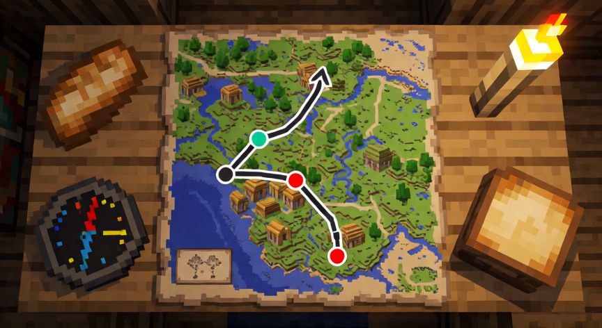 como encontrar aldeas en minecraft, Mapa de exploración de Minecraft con ruta marcada hacia una aldea, brújula, pan y antorcha