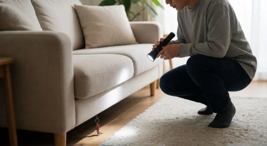 Persona buscando algo pequeño bajo un cojín del sofá con una linterna en una sala de estar