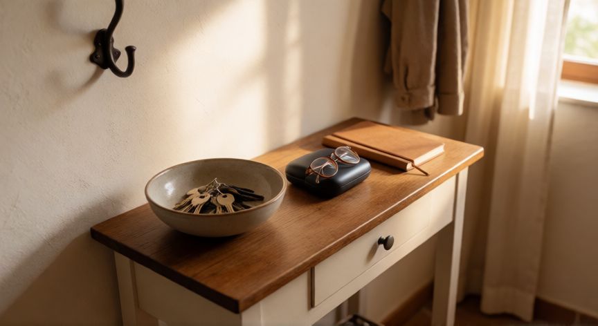 como encontrar algo perdido en casa, Mesa de entrada ordenada con cuenco de llaves, estuche de gafas y gancho en la pared para organizar objetos importantes