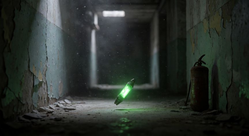 como encontrar artefactos stalker 2, Artefacto brillante en un pasillo industrial abandonado de la Zona en Stalker 2