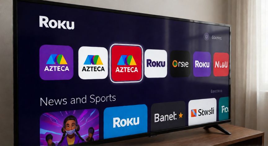 como encontrar azteca 7 en roku, Pantalla de inicio de Roku mostrando el icono de la app AZTECA en la barra de canales