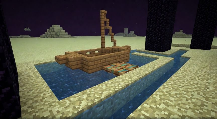como encontrar barcos en el end, Base creativa en The End con barco decorativo y muelle