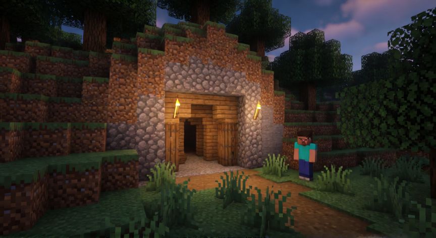 como encontrar bases en donut smp, Entrada de una base oculta en Donut SMP entre colinas y bosque