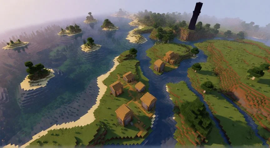 Vista aérea de un mundo de Minecraft mostrando bases de jugadores junto a ríos y costas