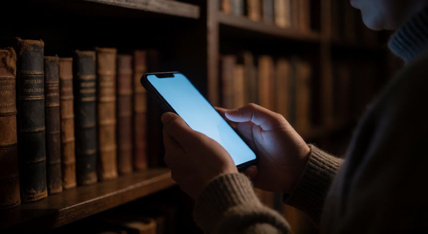 como encontrar biblioteca secreta en telegram, Persona buscando en su móvil una biblioteca secreta en Telegram dentro de una biblioteca oscura